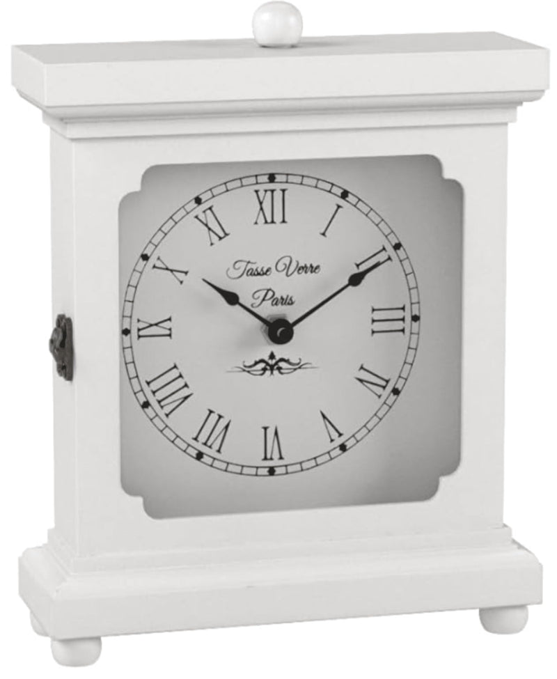 Tasse Verre Wood Clock for Shelf Table Or Desk 9"x7" - Farmhouse Decor White Mechanical Quiet Silent - Office, Bedroom Fireplace Mantel Living Family Room. AA Battery Operated Non-Digital