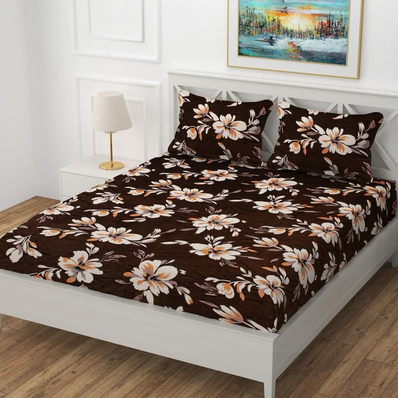 B'Decorlish Luxurious Bedsheets for Winter King Size Fitted Flannel/Warm Double Bedsheet Fully Elasticized with 2 Pillow Covers (Flower-Brown, 72 x 78 x 8 Inches, King)