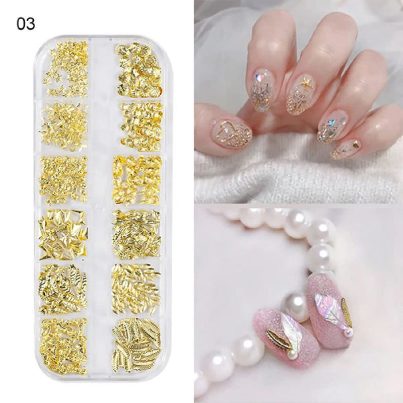 Bombastic 12 Grid Nail Accessories Box – Gold Alloy Resin Sea Shapes Star Heart for Nail Art Extension