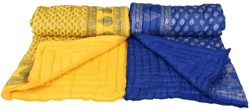 THROW KING Single Bed Jaipuri Cotton Razai/rajai/Blanket Ac Quilt Soft Cozy Light Weight Rajasthani Traditional Cotton Comforter (Blue/Yellow, Pack of 2)