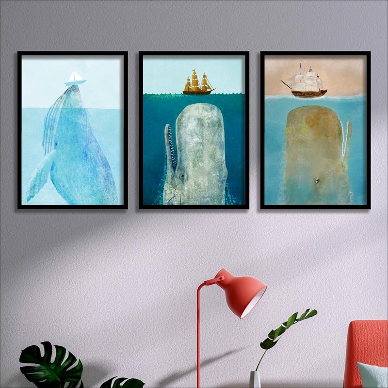 SAF paintings Set of 3 Boat And Whale Wall Painting for Home Decoration SA-BLACKMX33506