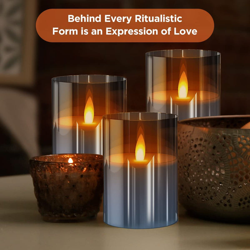 Auslese® Glass Flickering LED Flameless Realistic Swing Electric Pillar Candles Battery Operated with Remote Control and Timer, Wax+Grey Glass, D3 H4 5" 6", Set of 3 (Grey)