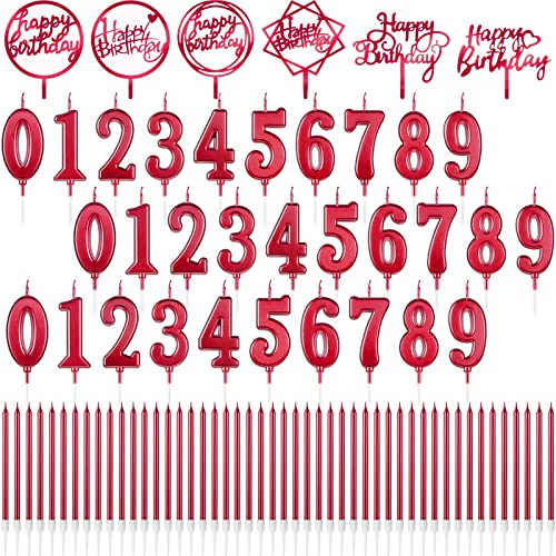 84 Pcs Birthday Candles Set 30 Numeral Birthday Candles Cake Numeral Candles 48 Metallic Birthday Candles Cake Candles 6 Glitter Acrylic Happy Birthday Cake Toppers for Wedding Party (Red)