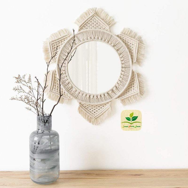 Zazza Home Decor Handmade Macrame Boho Wall Mount Hanging Rattan Round Mirror with Fringe (Off-White)