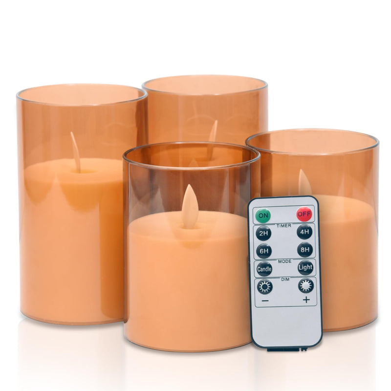 ZODZE Amber Flickering Flameless Candles, Battery Operated Acrylic LED Pillar Candles with Remote Control and Timer, Set of 5