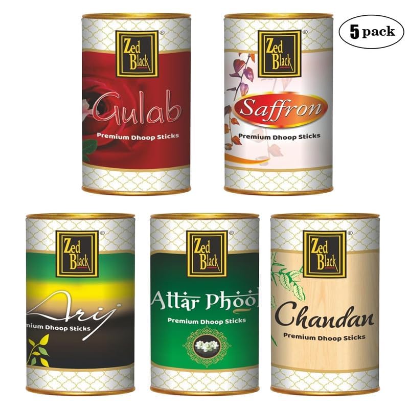 Zed Black Aroma Chandan, Gulab, Arij, Attar Phool and Saffron Incense Dhoop Sticks Tin - Combo of 5 (100 Gm Each)