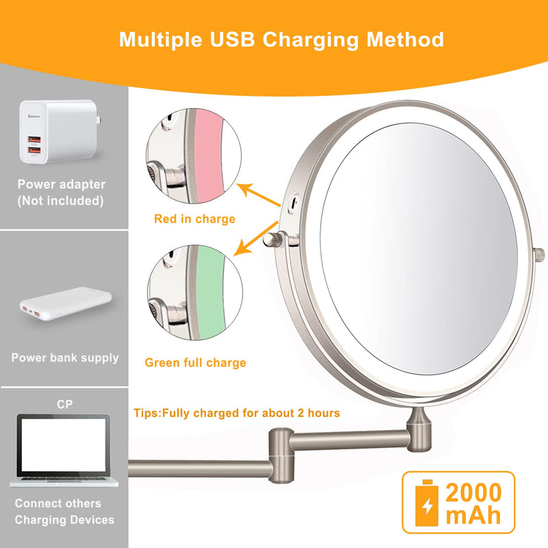 8 Inch Wall Mounted Makeup Mirror Adjustable LED Light Touch Screen 1X/10X Magnifying Two Sided 360° Swivel Extendable Vanity Mirror for Bathroom Chrome Finished Powered by Batteries