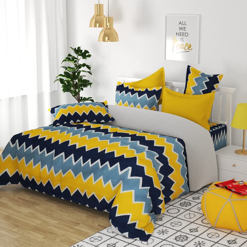 BSB HOME 120 TC Double Printed Bedsheet with 2 Pillow Covers | 110 GSM Soft Brushed Microfiber - Breathable & Wrinkle Free - (86 X 88 Inch, Yellow & Grey & Blue)