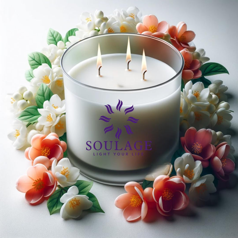 SOULAGE Premium Jasmine Scented Jar Candle| Luxury Aroma| Herbs & Essential Oil| Long Lasting Burning| Natural Soy Wax| 3 Wicks Candle| Healing & Meditation| Non Toxic| Anti Mosquito|