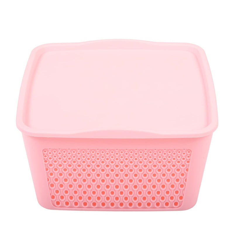 Kuber Industries Netted Design Unbreakable Multipurpose Square Shape Plastic Storage Baskets with lid Small Pack of 3 (Pink)