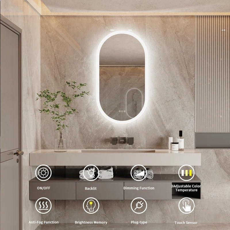 Artessa Designer Backlit Oblong LED Mirror with Defogger, Dimmer-Option, 3-Colour LED for Bathroom (90 x 60 CM)