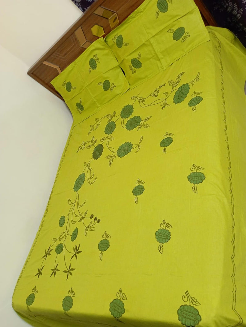 Nice Things Machine Embroidery Bedsheets 200 Thread Count Pure Cotton Double Bedsheet Green Color