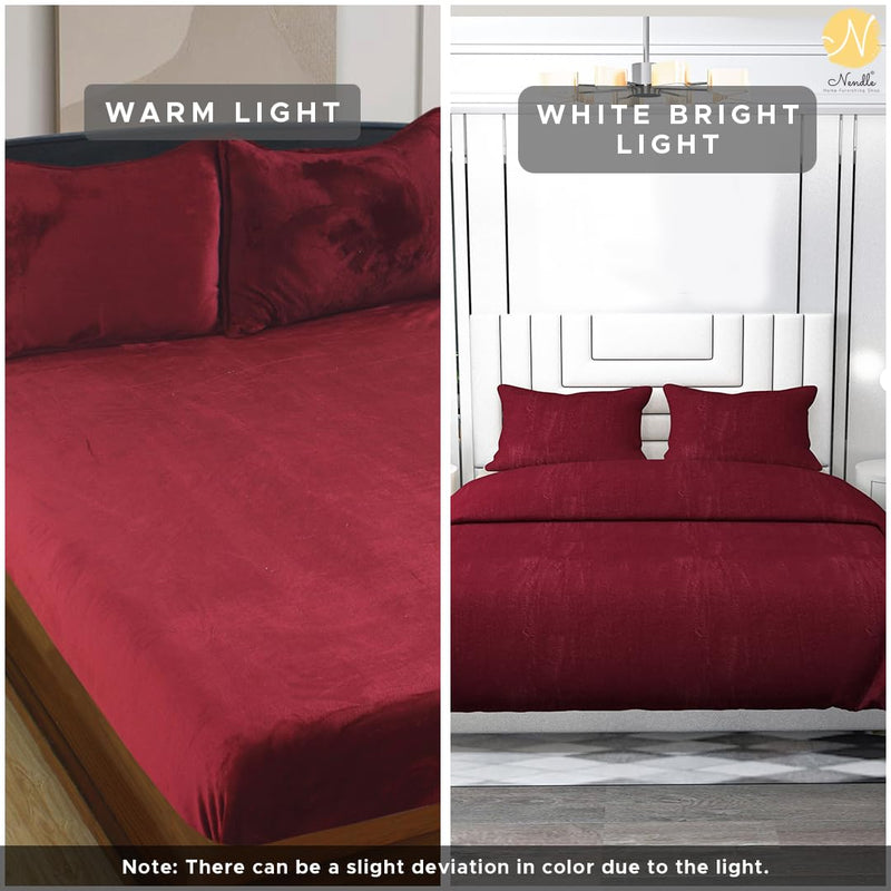 Nendle Maroon Super Soft Velvet Warm Flannel 190 GSM Luxurious Solid Winter Bedsheets for Double Bed Sheet (90 * 100 Inches) with Plush Feel Pillow Covers (18 * 27 Inches)