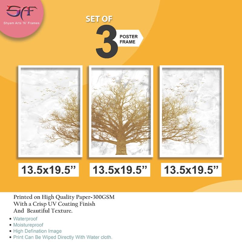 SAF paintings Set of 3 Golden Tree Wall Painting for Home Decoration SA-WHITEMX33520