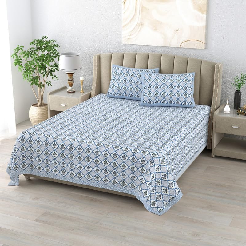 elanorhomes Hand Block Printed 240TC 100% Cotton Double King Size Bedsheet | 93 x108 Inches | 2 Pillow Covers (Blue Blossom)