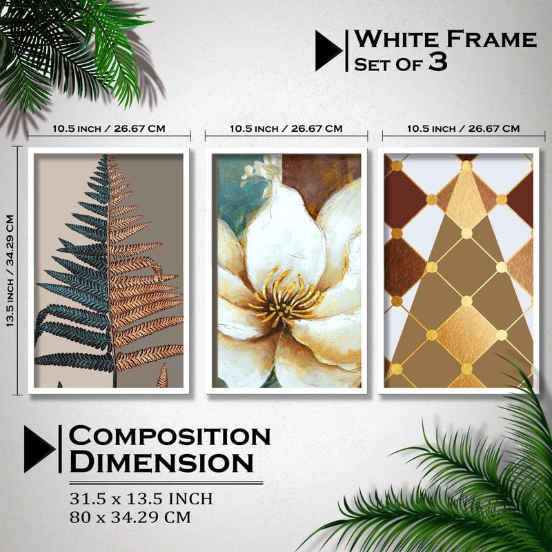 SAF paintings Set of 3 flower pot Boho modern art design Premium white Framed Bohemian wall painting for for Wall, Home and Living Room Decoration 80 cms x 34.29 cms COMBO-2018-K3