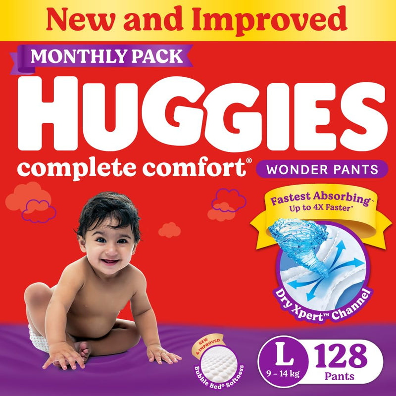 Huggies Complete Comfort Wonder Pants Large (L) Size (9-14 Kgs) Baby Diaper Pants, 128 count| India's Fastest Absorbing Diaper with upto 4x faster absorption | Unique Dry Xpert Channel