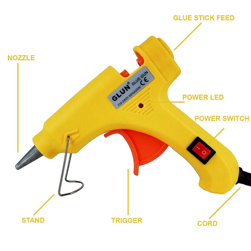 20W 20 WATT 7MM HOT MELT Glue Gun with ON Off Switch and LED Indicator (Free 10 Transparent Glue Sticks)