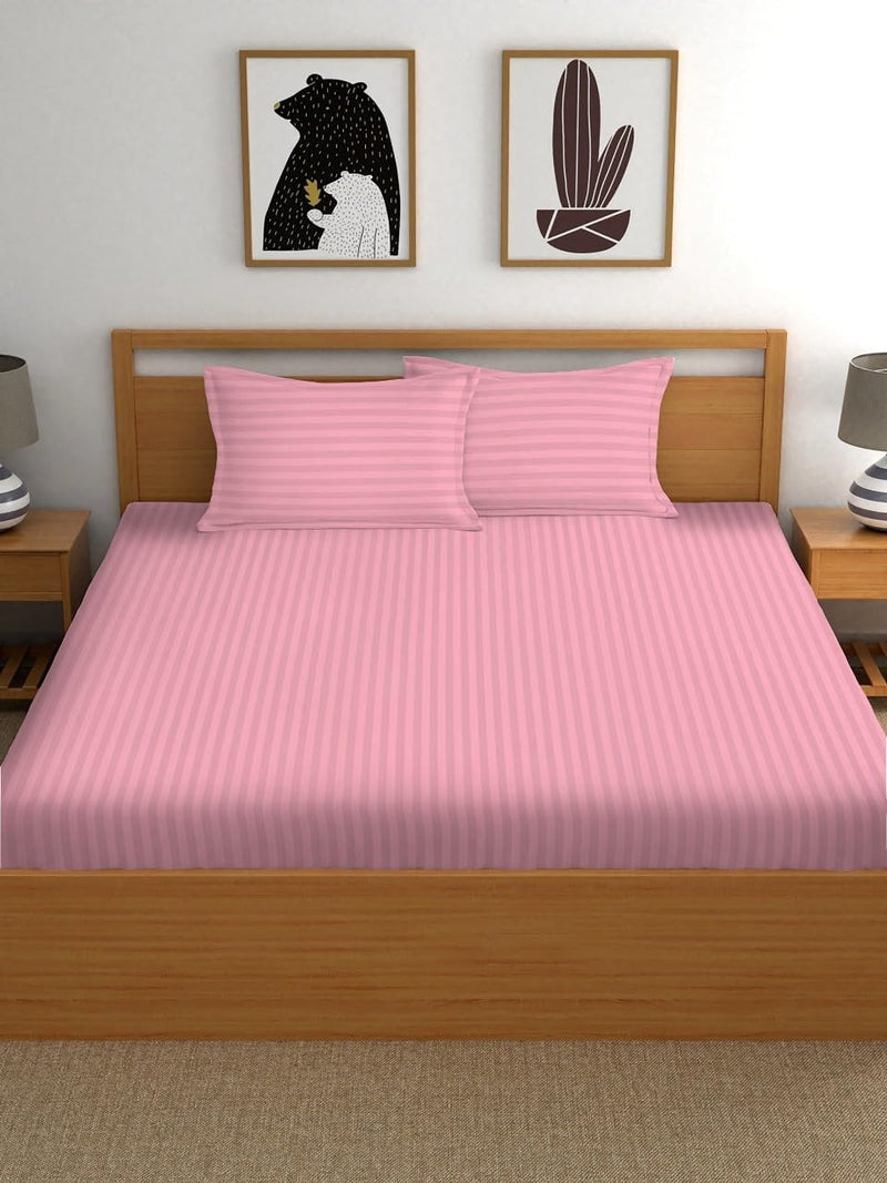 Lucifer Glace Cotton Satin Stripe King Size Double Bed Flat Bedsheet with Two Pillow Covers for Home/Hotels/Guest/Hospital/House/Villa/PG's (90 x 100 Inch) (Pink)