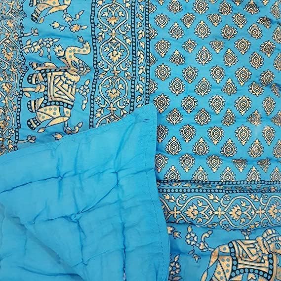 Om Enterprises Jaipuri 240 TC Double Bed Organic Cotton Jaipuri Razai Bed Blanket Quilt for Winter Soft Light Weight Jaipuri Traditional Rajai (Sky Blue, Double - 85x100 Inch)