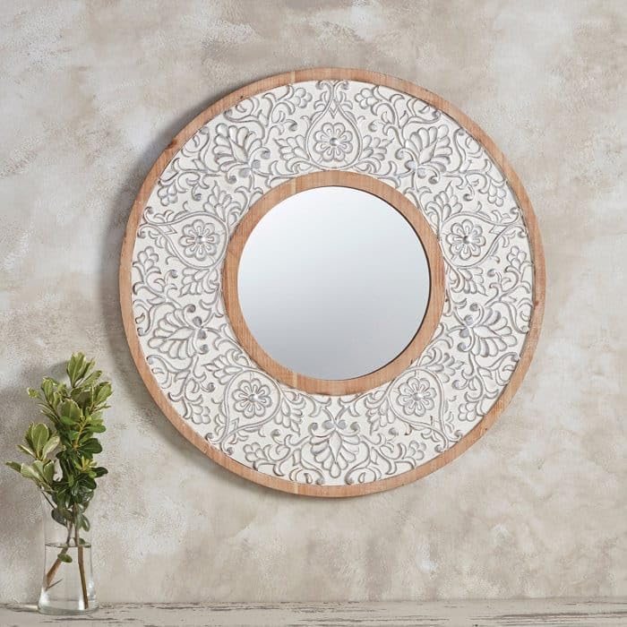 The Zara Enterprises Wood Hand Crafted Round Distressed White Finished Vanity Wall Mirror for Living Room,(24X24 Inches) Colour White Antique