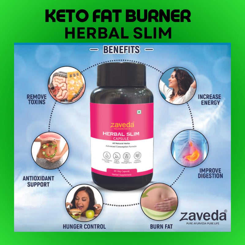 ZAVEDA Keto Fat Burner Herbal Slim 60 Capsules, Weight Loss Supplement With Garcinia Cambogia, Dalchiniextract, Green Tea Extract &other7 Ayurveda Herbs, Metabolism Booster, Fat Burner For Men & Women