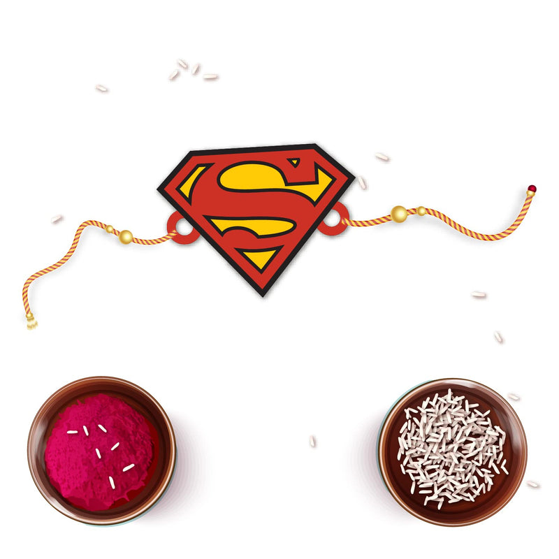 Bhai Please Superman Wooden Rakhi with Brother is Superhero Fridge Magnet (Gift Combo for Bhai/Bhaiya) | Set of 1 pc Rakhi with Roli- Chawal and Fridge Magnet | With Raksha Bandhan Greetings