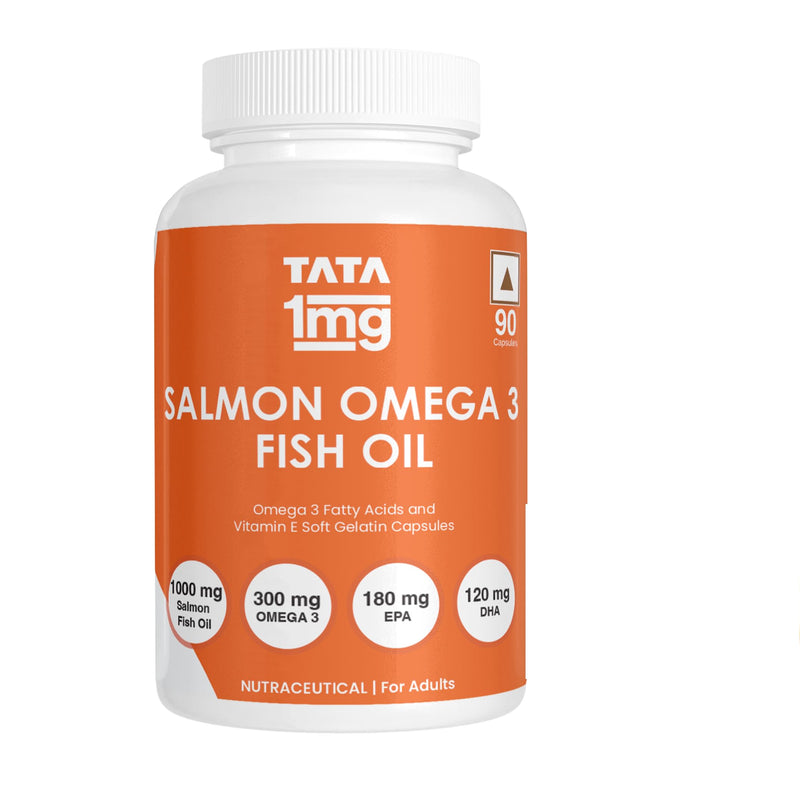 TATA 1mg Salmon Omega 3 Fish Oil 1000mg, Fish Oil Capsule with Omega-3 (1000mg), EPA (180mg) & DHA (120mg) for Brain, Heart, Joints Health (Pack Of 90 Capsules)