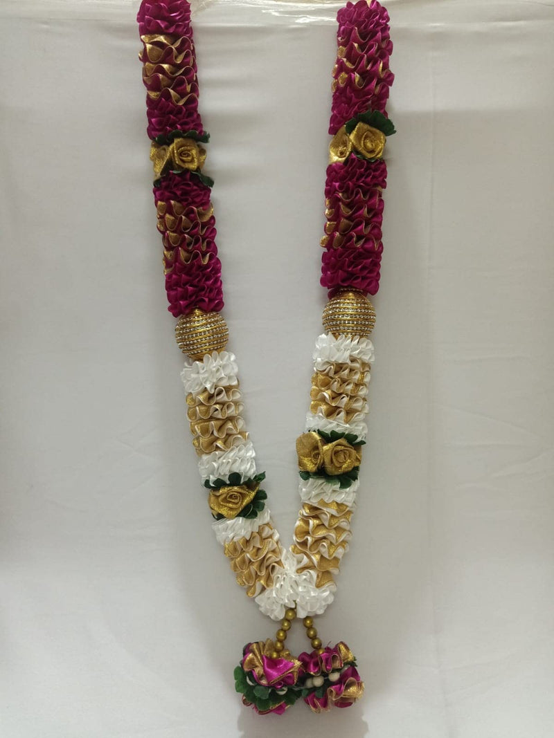 Sri Sainath Enterprises CREEME with PRPULE Flowers and Gold BOLL Flowers Garland .Length -55CM