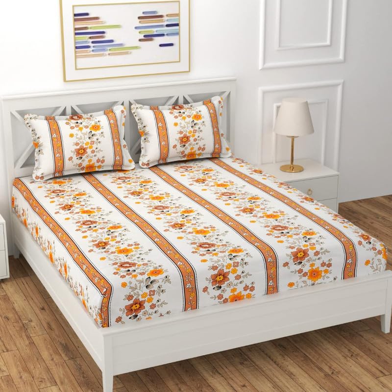 Amvy Creation Prime Collection 160 TC Supersoft Glace Cotton King Size Elastic Fitted Double Bedsheet with 2 Pillow Covers (Multicolour, Size 72 x 78 Inch) - Orange Bail - Gold Fitted