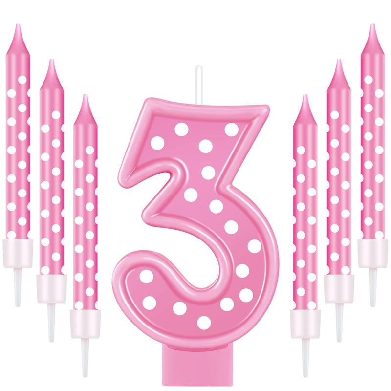 Birthday Candle Number Girls 3 Inch Hot Pink Candle and 6 Pcs Polka Dot Birthday Candles 3.8 Inch First Party Cake Birthday Decorations for Girl (Number 3)