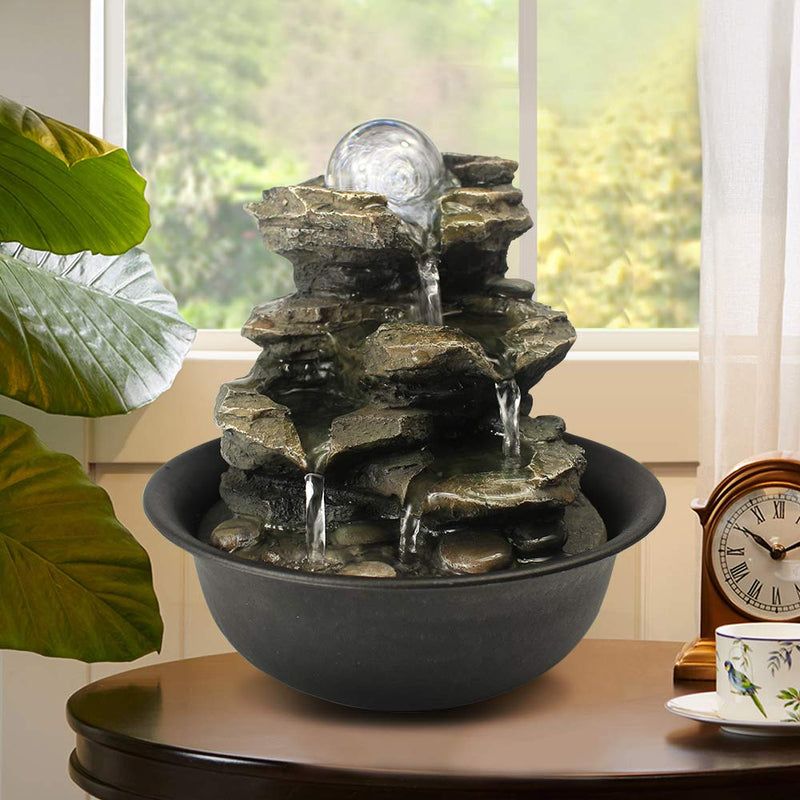 ZEERKEER Spinning Orb Rock Cascading Tabletop Fountain, Zen Meditation Indoor Waterfall Feature with LED Light for Home Office Bedroom Relaxation