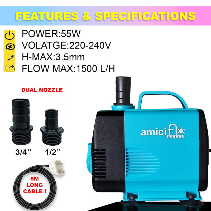 amiciTools 55W Submersible Water Pump, Pure Copper Winding Motor with with Adjustable Flow Rate 2* Nozzles 5m Long Power Cord for DIY Fountains Aquarium (1500LPH, 3.5m)