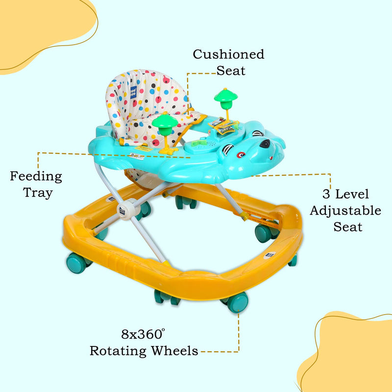 Mee Mee 360° Baby Activity Walker | 3 Level Adjustable Height, Foot Mat, Musical Detachable Toy Bar | Anti-Rollover Folding Walker for Boys, Girls, Kids | 6-18 Months 15kg (Green)