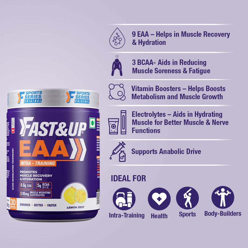 FAST&UP EAA Intra - Training/Workout drink Powder(EAAx9) with BCAA+Electrolyte Blend+ helps provide Muscle Recovery|Hydration|Performance All 9 Essential Amino Acid- 30 servings (Lemon Zest), Purple