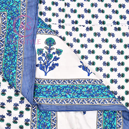 EMIOUR 400 GSM Soft Light Weight Rajasthani Traditional Jaipuri Hand Block Print Summer and Winter Cotton Double Bed Quilt Razai [Double Bed 90 X 105 Inch] Blue