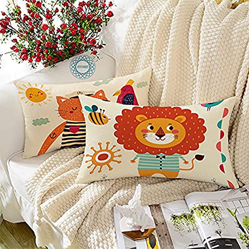 STITCHNEST Animals Printed Poly Cotton Rectangular Cushion Cover Set of 2 (12 X 18 Inches)