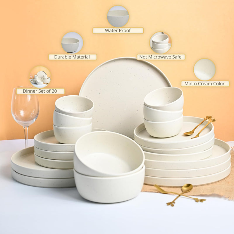 MARKET99 Minto Cream Sparkle Dinner Set of 20-6 full Plates, 6 Quarter Plate, 6 Soup Bowl & 2 Serving Bowl for Families, Daily Use, Parties, Unbreakable, Kid Friendly