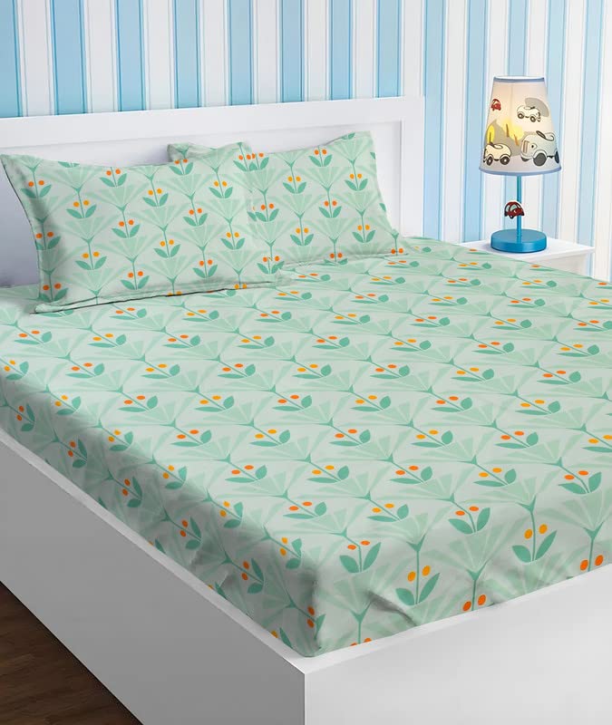 BSB HOME Style Cotton Feel Glace Cotton Elastic Fitted Printed King Size Double Bed Bedsheet with 2 Pillow Cover (78"X72", Small Leaf Printed- Pastel Green), 180 Tc