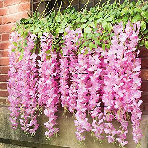 WELL ART GALLERY 6 Pack 3.75 Feet/Piece Artificial Fake Wisteria Vine Ratta Hanging Garland Silk Flowers String Home Party Wedding Decor (6PCS- Large Wisteria) (Pink, 12)