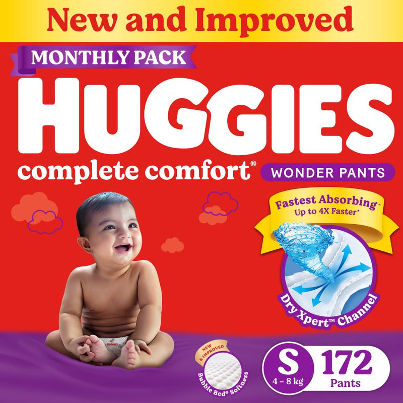 Huggies Complete Comfort Wonder Pants Small (S) Size (4-8 Kgs) Baby Diaper Pants, 172 count| India's Fastest Absorbing Diaper with upto 4x faster absorption | Unique Dry Xpert Channel