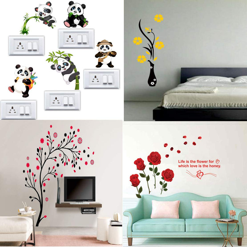 Walltech Combo of 4 Wall Sticker Romantic Rose Flowers-(98 x64 cms) | Panda-(60 x 50 cms) | Flower vase Yellow-(60 x 134 cms) | Magical Tree-(150 x 150 cms) - Material Vinyl