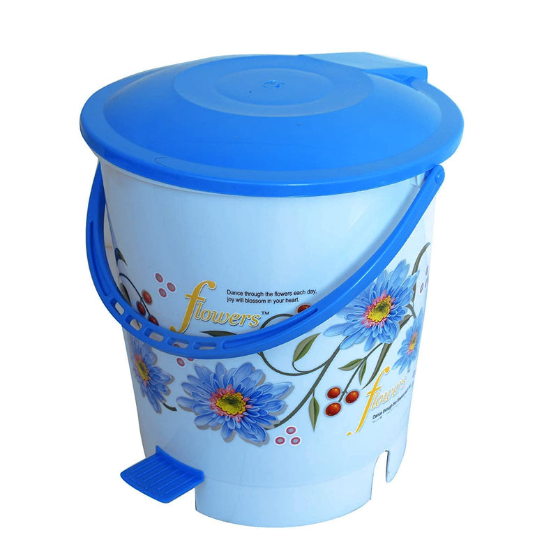 Kuber Industries Step-On Pedal Dustbin/Waste Bin with Lid|Flower Print & Durable Plastic|Size 28 x 28 x 32 CM, Capicity 10 Ltr (Blue)