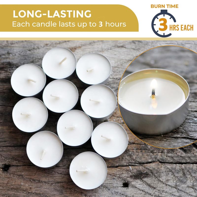 Candles Paraffin Wax Tea Light Set of 50-3 Hour Burn Time, 100% Paraffin Wax with Aluminum Cups - Perfect for Weddings, Parties, Special Events, and Festive Celebrations