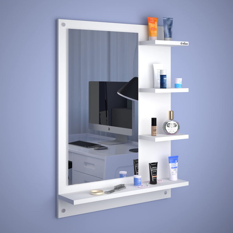 Anikaa Mavis Engineered Wood Rectangular Wall Mount Dressing Mirror With Shelves (White)(Framed )