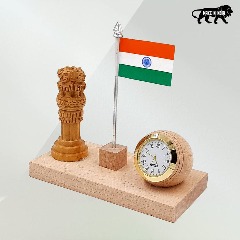 WOOD HOUSE Woodhouse Flag Stand for Office Table, Wooden Flag Stand with Ashoka Pillar & Clock, Wooden Flag Stand with Clock for Office Table Stylish (WH-55)