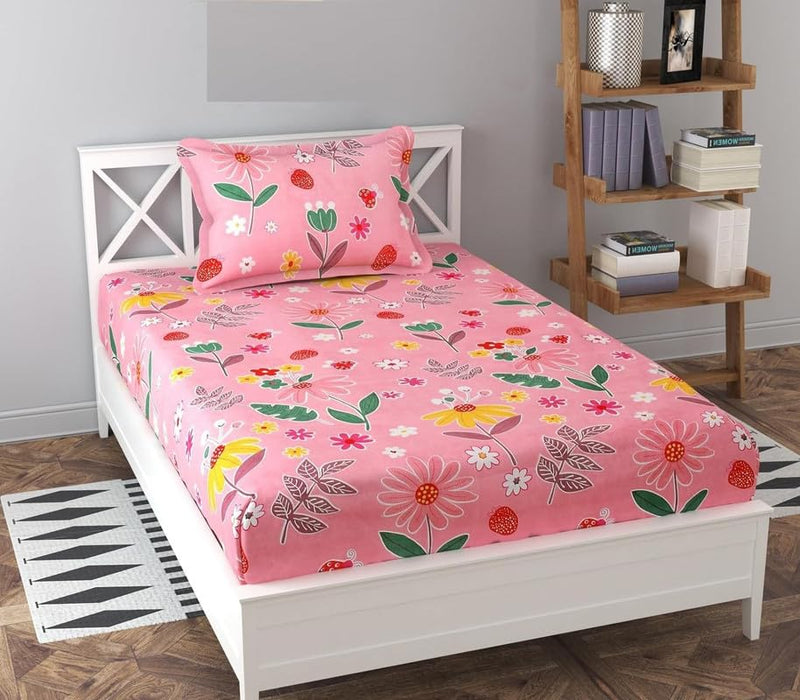 Amvy Creation Prime Collection 160TC Supersoft Glace Cotton Single Bedsheet with 1 Matching Pillow Cover (Multicolour, Size 60 x 90 Inch) - Pink with Leaves Flowers1 - Gold Single