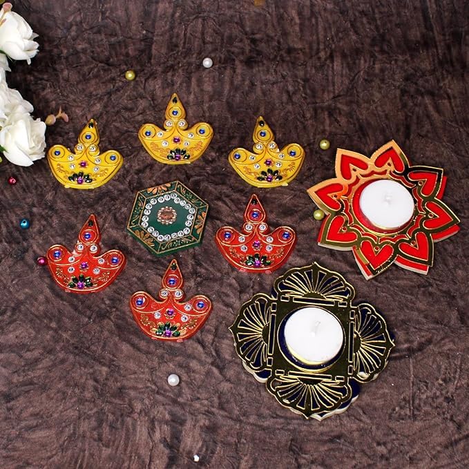 Baal Diwali Festival Decor Items Combo of Diwali Sticker with Set of 6 Glass Wax Candles and Home Decor Set of 2