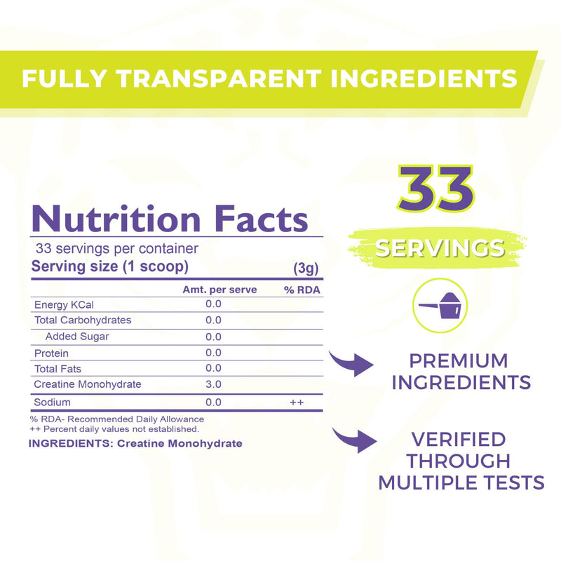 Muscle Asylum Pure Creatine Monohydrate | 100g, 33 Servings | Unflavored | With Genuine Lab Reports | Enhanced Muscle Strength & Power | Fast Recovery | Increased Muscle Mass