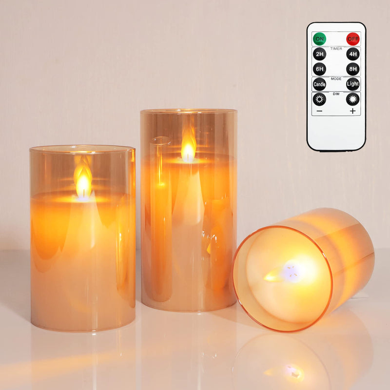 Crystal Club Gold Glass Flameless Candles, Battery Operated LED Pillar Candles with Remote, Flickering Flameless Candles with Timer, Amber Glass Effect Candle & Gold Decor for Christmas Home Decors